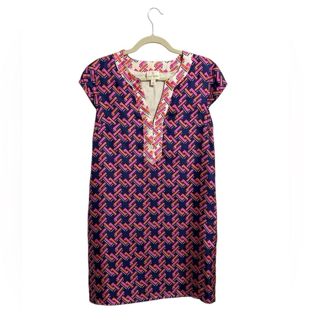 Julie Brown NYC Colorful Geometric Pattern Shift Dress 100% Silk Size 2 Preppy